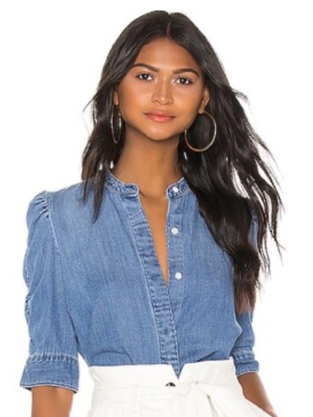Frame Denim Joanie Shirred Sleeve Button Up Blouse Womens Large Blue